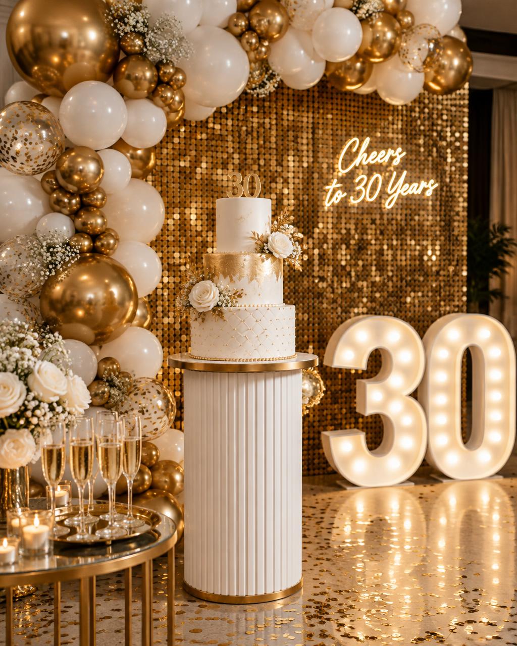 Anniversaire chic avec arche de ballons dorés et chiffres lumineux