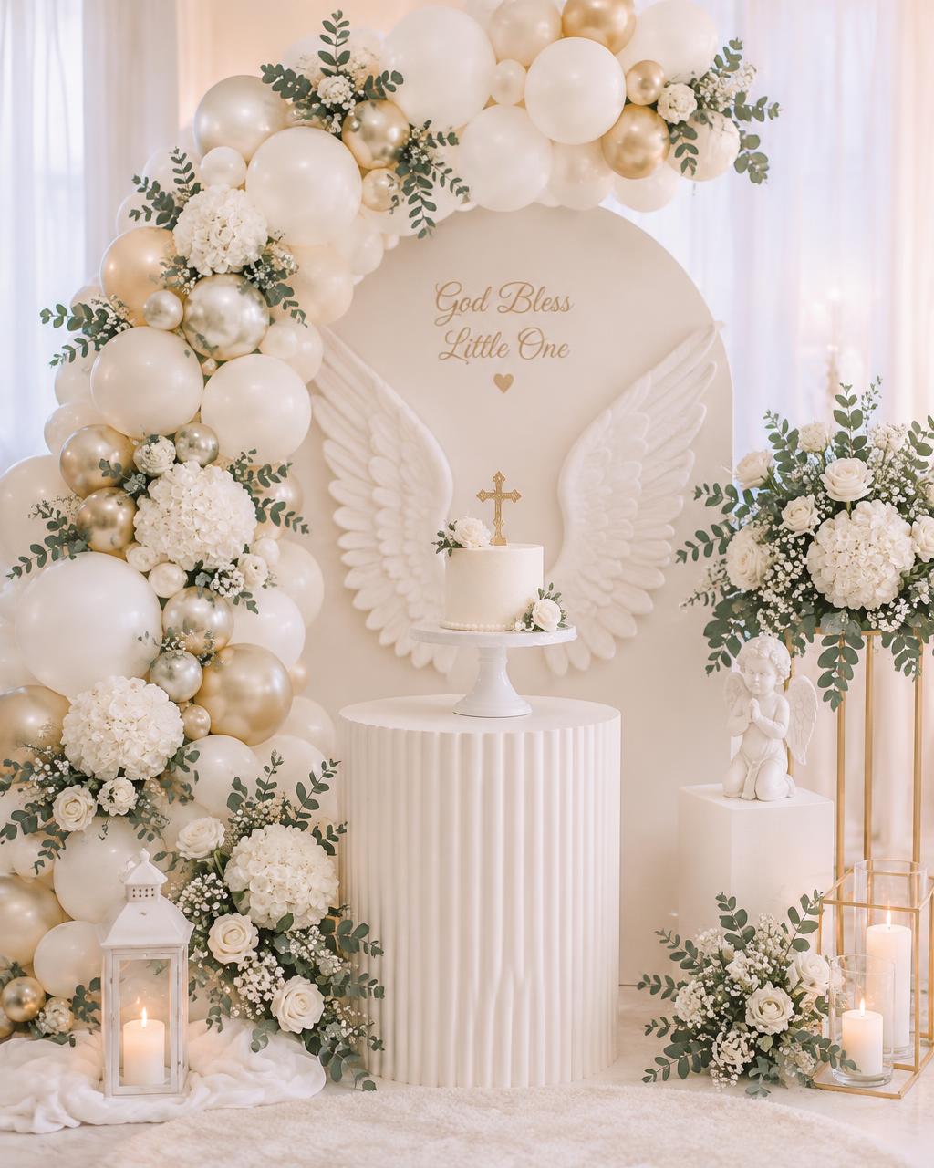 Baptême doux et élégant avec arche de ballons blancs et ailes d'ange