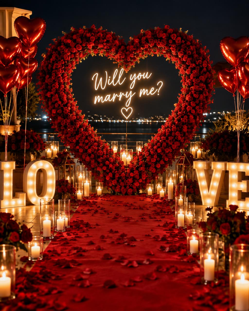 Demande en mariage avec cœur de roses rouges et néon lumineux