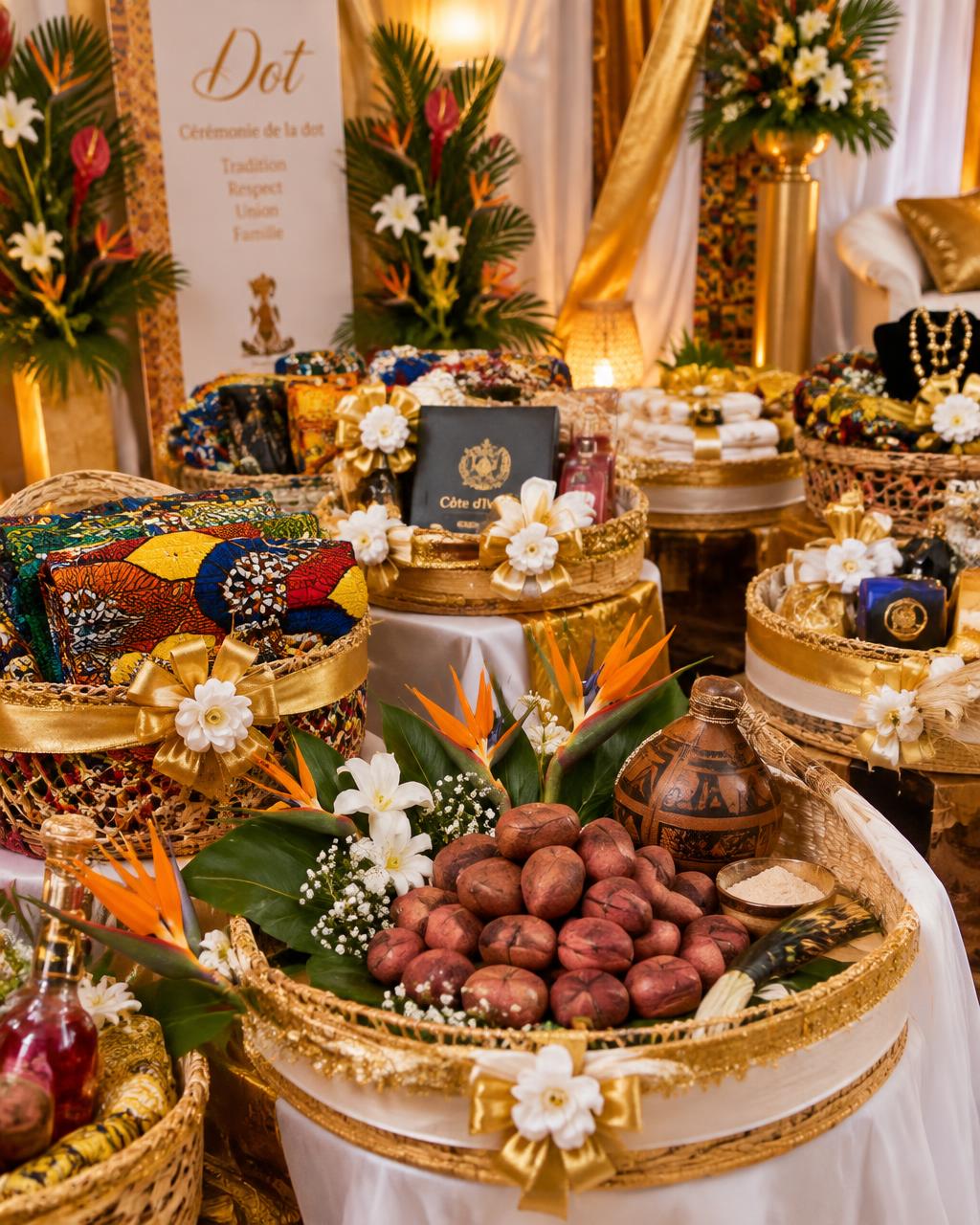 Cérémonie de la dot : corbeilles de cadeaux et pagnes traditionnels
