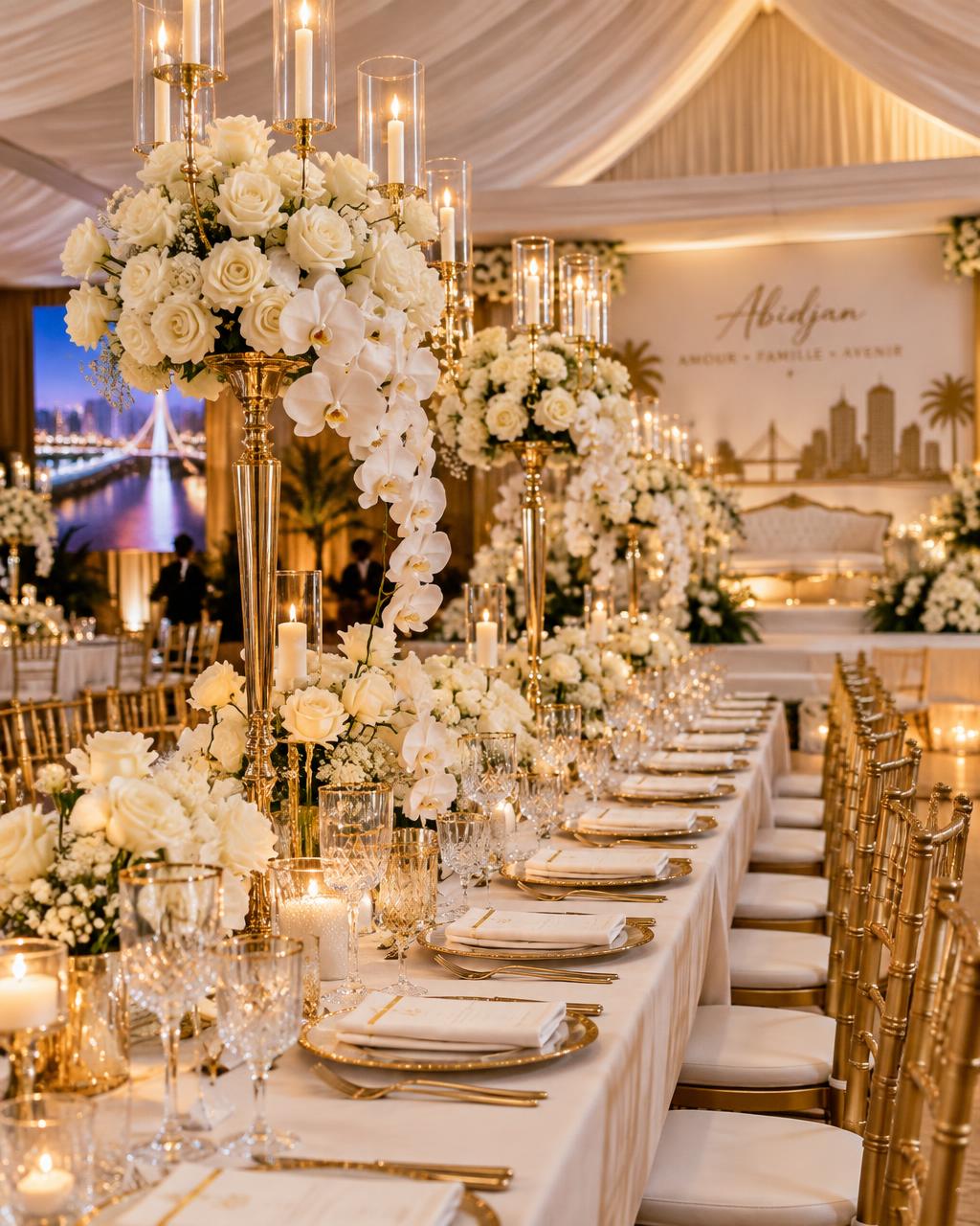 Réception de mariage blanc et or avec centres de table floraux